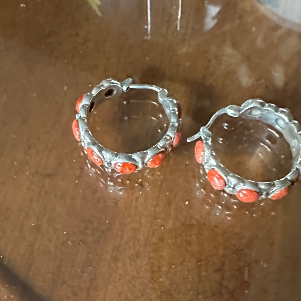 Silver and Coral Hoop Earrings